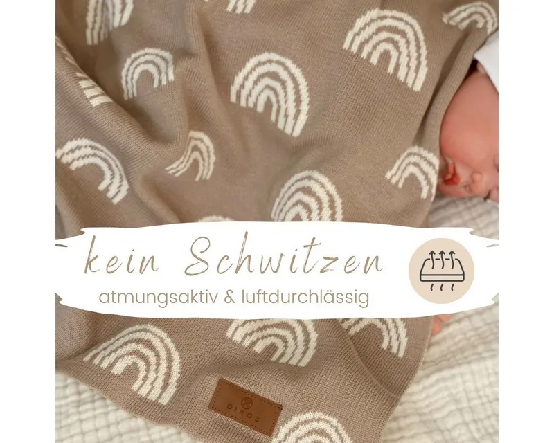 Babydecke DIKOS® aus Bio-Baumwolle - Regenbögen - Baby Decke für Neugeborene, DIKOS, Geschenk zur Geburt - Strickdecke PREMIUM Qualität - atmungsaktiv, Beige, – Produktbild 4 von 5