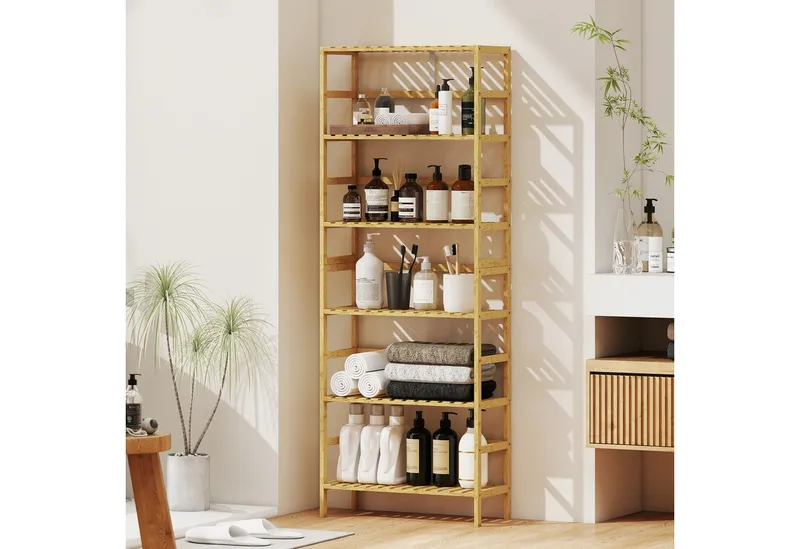 HOMCOM HOMCOM Standregal Badregal Bambus Küchenregal, für Bad, Wohnzimmer, 60 x 26 x 161 cm, 6-stöckiges Bücherregal 1-tlg., höhenverstellbare Regalböden, Beige, – Produktbild 1 von 5