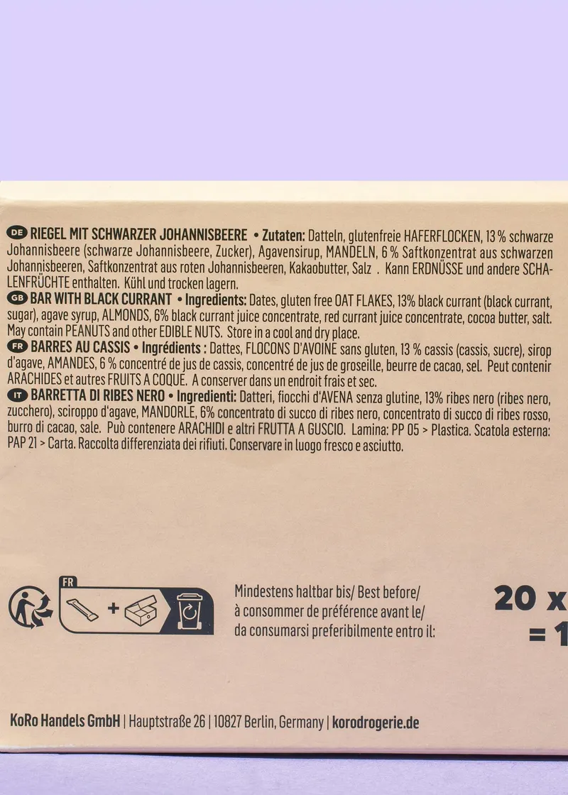 KoRo Raw Bar Blackcurrant 20 x 50 g – Produktbild 3 von 5