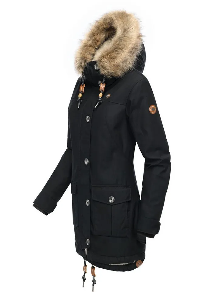 ragwear ragwear Wintermantel Jane YOUMODO Winter Kurzmantel mit Kapuze und Kunstfellkragen, Schwarz, – Produktbild 2 von 4
