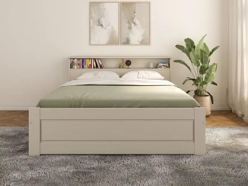 OTTO home Massivholzbett FLAVION, Jugendbett, Stauraum, FSC® zertifizierte Kiefer (Breite: 90, 140, 180), Qualitätsprodukt, Regal, Kassettenoptik, Schublade optional, Beige, – Produktbild 1 von 4