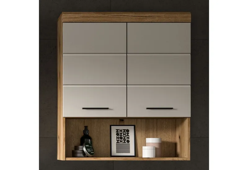 furnling Hängeschrank Scott 2 Türen, 1 offenes Fach, Stauraum, Badmöbel, Badschrank, 74 cm breit, Grau, – Produktbild 2 von 5