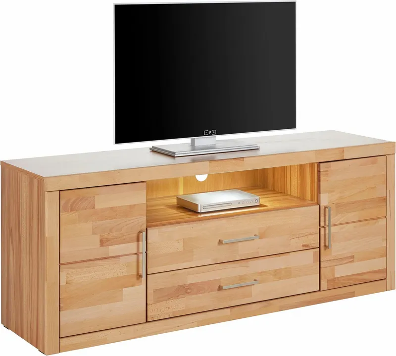 OTTO home Lowboard Logo,160cm breit,42 cm tief, Fronten Massivholz, Kabeldurchführung, Korpus Holzwerkstoff,62 cm hoch, 5 Fächer, Metallgriffe, Braun, – Produktbild 1 von 5
