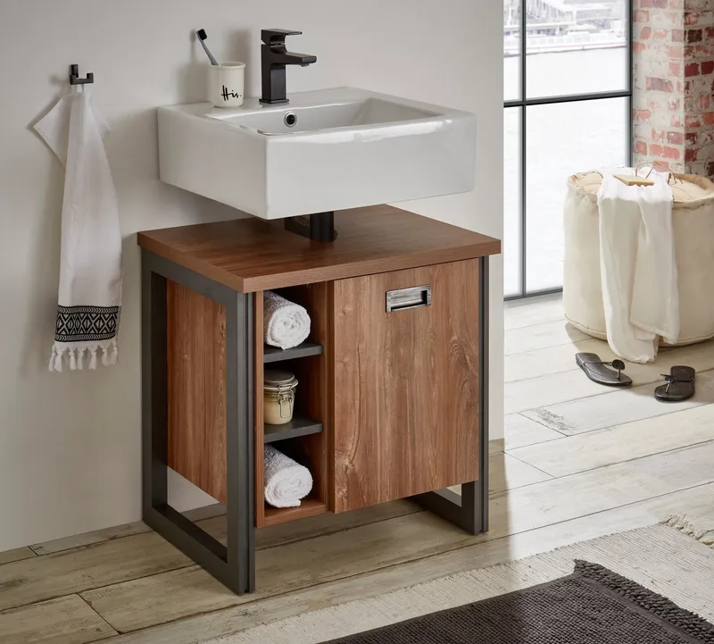 Home affaire Waschbeckenunterschrank Detroit, Waschtisch mit Apothekergriff, Badschrank im Industrialdesign Eiche Dekor, mit offenen Fächern & Stauraum, Breite 61 cm, Braun, – Produktbild 1 von 5