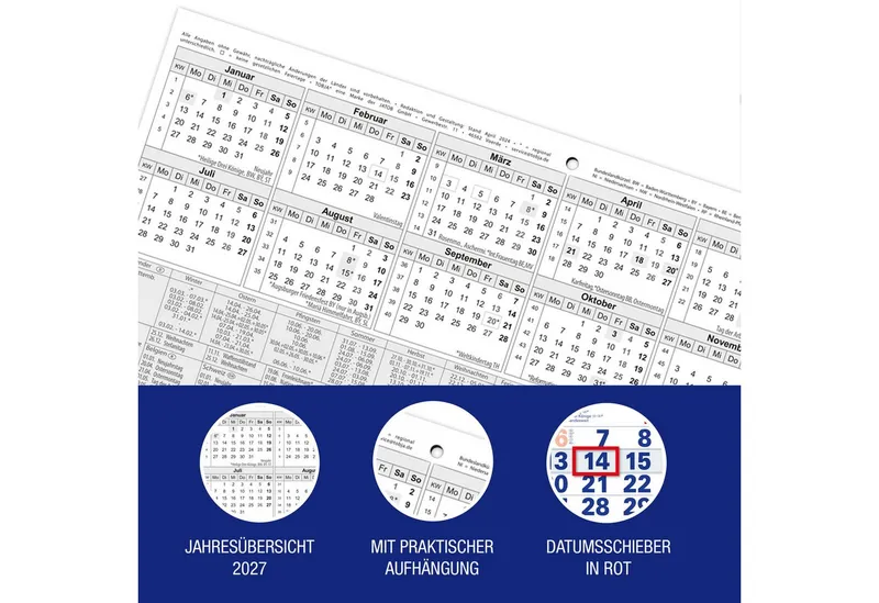 TOBJA Wandkalender 3 Monatskalender 2027 Blau mit Datumsschieber 30x56 FSC, Blau, Datumsschieber, Schulferien DE+AT, 4-sprachig, FSC-zertifiziert – Produktbild 4 von 5