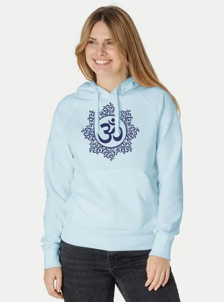 Peaces.bio - handbedruckte Biomode Peaces.bio - handbedruckte Biomode Bio-Damen-Kapuzensweater "Classic-Om", Hellblau, – Produktbild 2 von 3