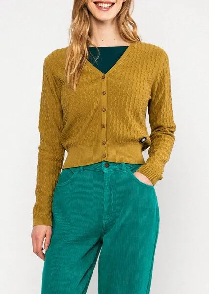 blutsgeschwister Blutsgeschwister Lochstrick Cardigan "Save The World" mit V-Ausschnitt, Folklore light yellow (gelb), – Produktbild 2 von 3