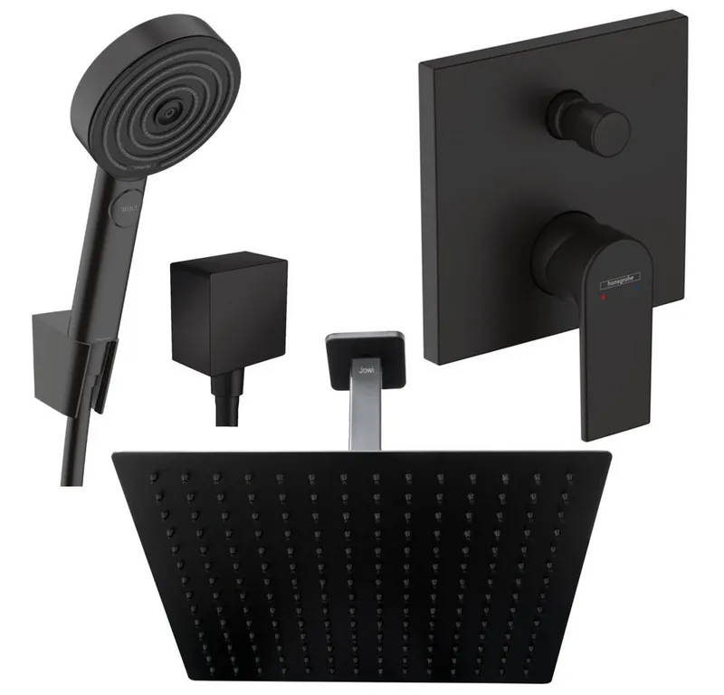 Hansgrohe und Jowi Duscharmatur Duscharmatur Vernis Schwarz Unterputz Kopfbrause mit Deckenanschluss (Unterputz-Duschsystem, Set) Mattschwarz, Schwarz, – Produktbild 1 von 2