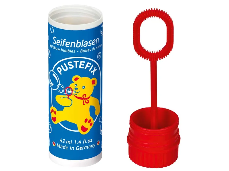 PUSTEFIX Pustefix Seifenblasenspiel 'Pustefixbär' Deckel farbsortiert (rot, gelb oder dunkelblau) 1 Stk. – Produktbild 1 von 1