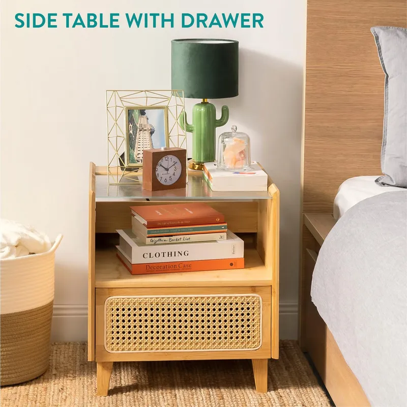 Navaris Nachttisch Navaris Bambus-Nachttisch mit Schublade, Ablage und Glasplatte Braun, Beige, – Produktbild 5 von 5