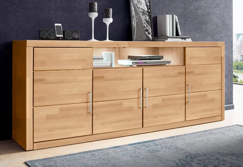 OTTO home Sideboard Logo,200cm breit,42 cm tief,Fronten Massivholz,11 Fächer, Kernbuche massiv, Holzwerkstoff, 4Türen,11 Fächer,Böden versetzbar, Braun, – Produktbild 3 von 5