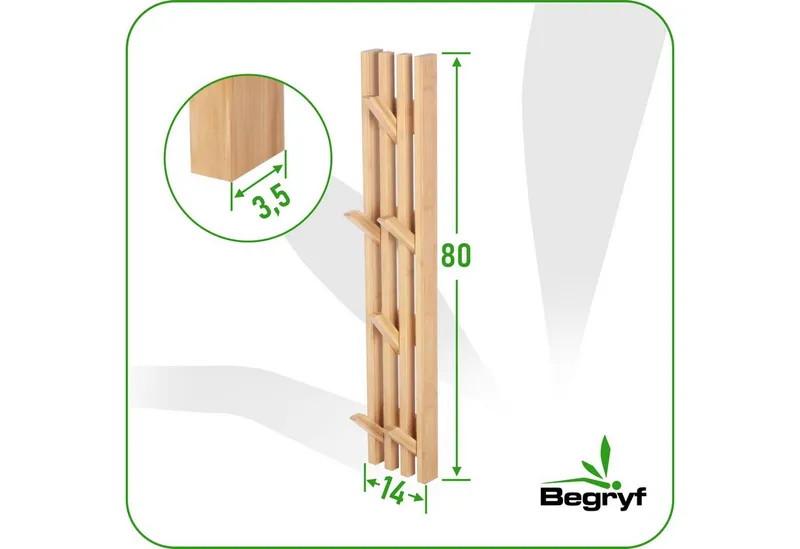BEGRYF Wandgarderobe Bambus Natur 14 x 3,5 x 80 cm (1 St), 4 Haken, zur Wandmontage, Beige, – Produktbild 1 von 5