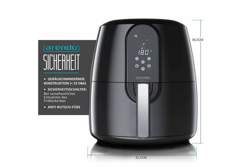 Arendo Heißluftfritteuse XXL Airfryer 5,2 Liter, bis 200 Grad, 3D Umluftsystem, Display, 1800 W, Fritteuse, Heissluftfritteuse, Frittieren ohne Öl, Timer, 7 Programme, Schwarz, – Produktbild 2 von 5