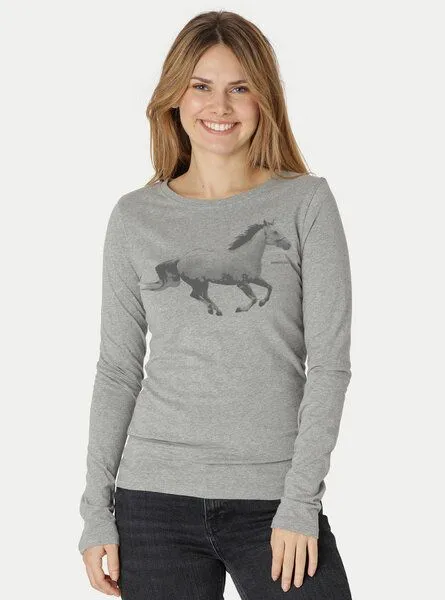 Peaces.bio - handbedruckte Biomode Peaces.bio - handbedruckte Biomode Bio-Damen-Langarmshirt Horsepower, Hellgrau, – Produktbild 1 von 2