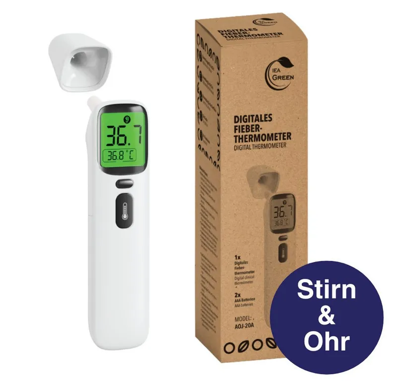 IEA Green Infrarot-Fieberthermometer kontaktloses Fieberthermometer AOJ-20A, FSC Verpackung, 1-tlg., für Babys/Kinder/Erwachsene, Stirn & Ohr, Farbwarnsystem, Weiß, – Produktbild 2 von 5