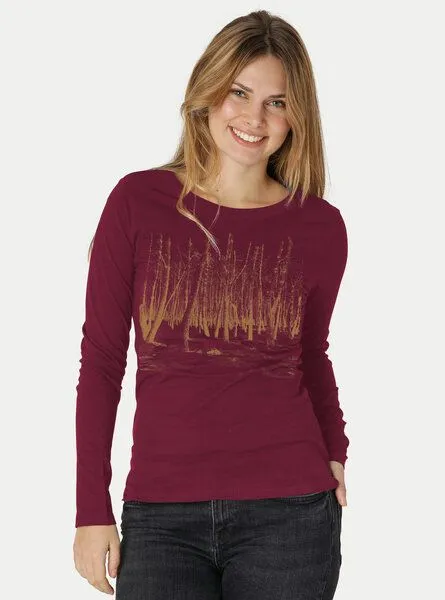 Peaces.bio - handbedruckte Biomode Peaces.bio - handbedruckte Biomode Damen Langarmshirt Woodland, Bordeaux, – Produktbild 1 von 2