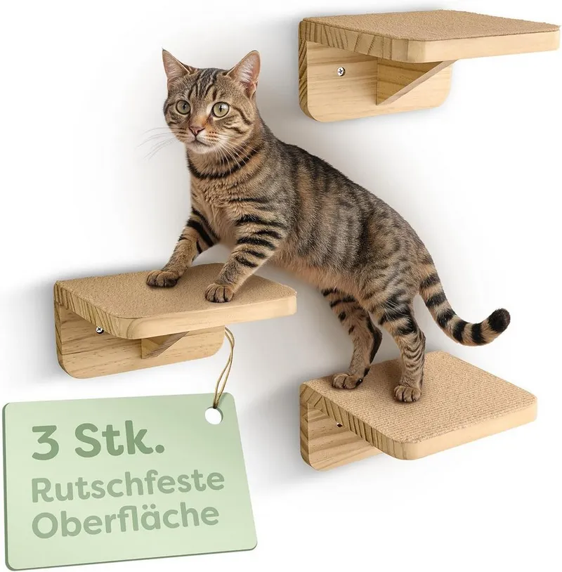 Knupis Kratzbaum Katzen Spiel Kletterwand 3er Set – FSC® Kiefernholz - Katzentreppe, Rutschfestes Vlies - Einfache Montage - Hohe Belastbarkeit bis 30kg, Beige, – Produktbild 2 von 5
