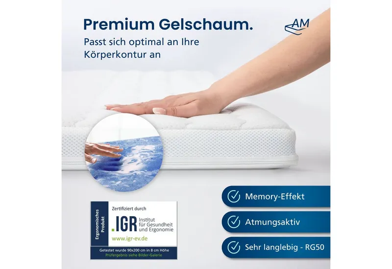 AM Qualitätsmatratzen, Topper 7-Zonen Memory Foam Gelschaum-Topper, Optimale Druckentlastung, RG50, 8 cm hoch, Gelschaum, 80x200 cm, Weiß, – Produktbild 4 von 5