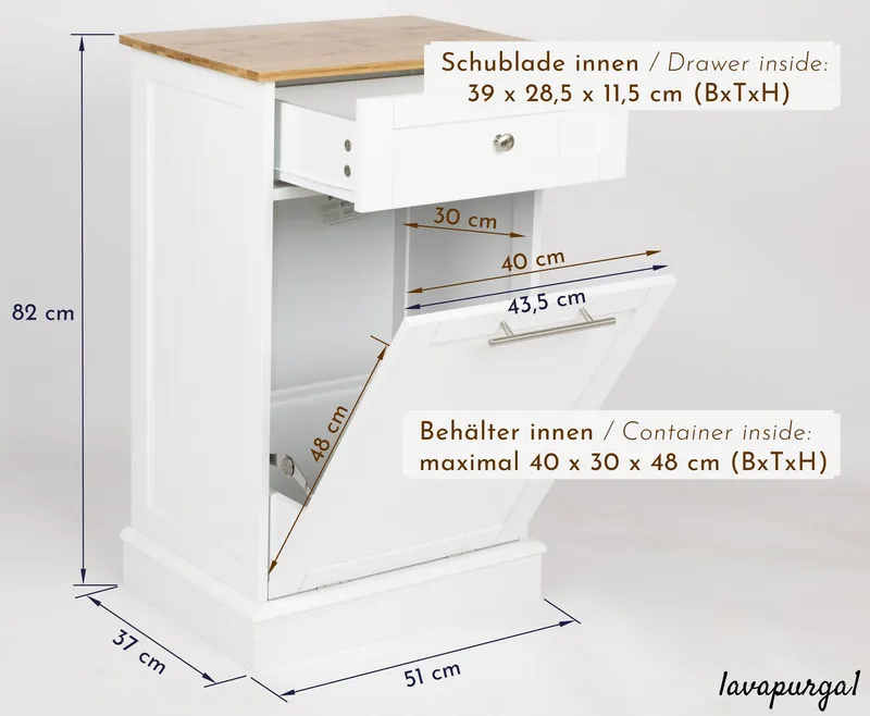 WONDERMAKE Wäschebox Mülleimer-Schrank Wäscheschrank Wäschesammler mit Schublade, Bad Küche, hoch aus Holz + Bambus, Wäschetruhe Abfallschrank ausklappbar klappbar, Weiß, – Produktbild 1 von 5