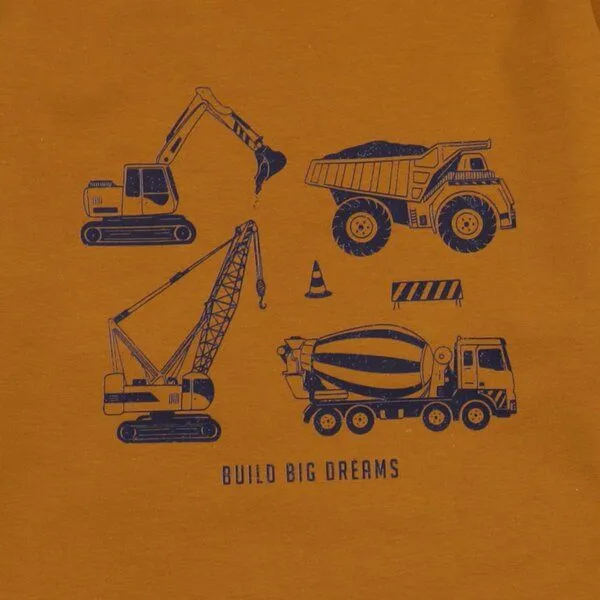 Walkiddy Walkiddy Kinder Langarmshirt GOTS-zertifiziert aus Bio-Baumwolle karamellbraun mit Fahrzeuge-Motiv „Crazy Machines“, Gelb, – Produktbild 2 von 3