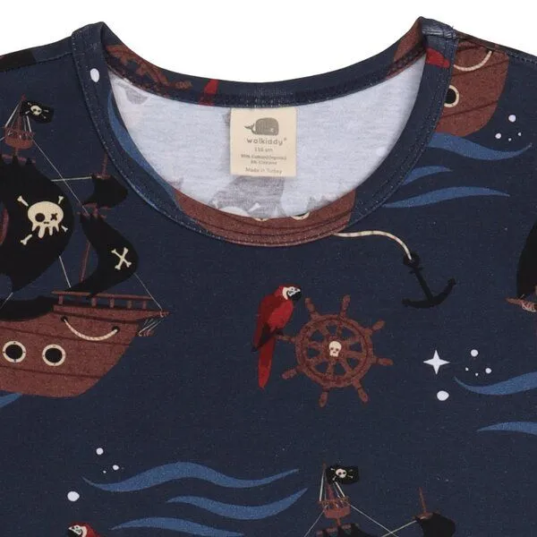 Walkiddy Kinder T-Shirt Bio-Baumwolle „Pirate Ships“ blau, Kurzarmshirt mit maritimem Print von Walkiddy für Kleinkinder, weich, atmungsaktiv & nachhaltig gefertigt, Dark blue, – Produktbild 3 von 3