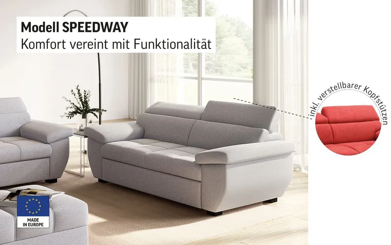 COTTA 2-Sitzer Speedway, Big-Sofa mit Kopfteilverstellung, Grau|weiß, – Produktbild 3 von 5