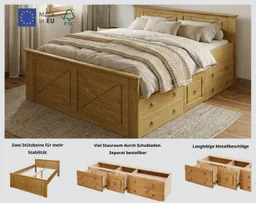 OTTO home Massivholzbett Hugo, FSC® zertifiziertes Massivholz, optionaler Stauraum/ Bettkästen (B/T/H: 153/208/84 cm, Liegefläche 140x200), aus massiver Kiefer, Landhaustil mit edlen Verzierungen, Made in EU – Produktbild 1 von 1
