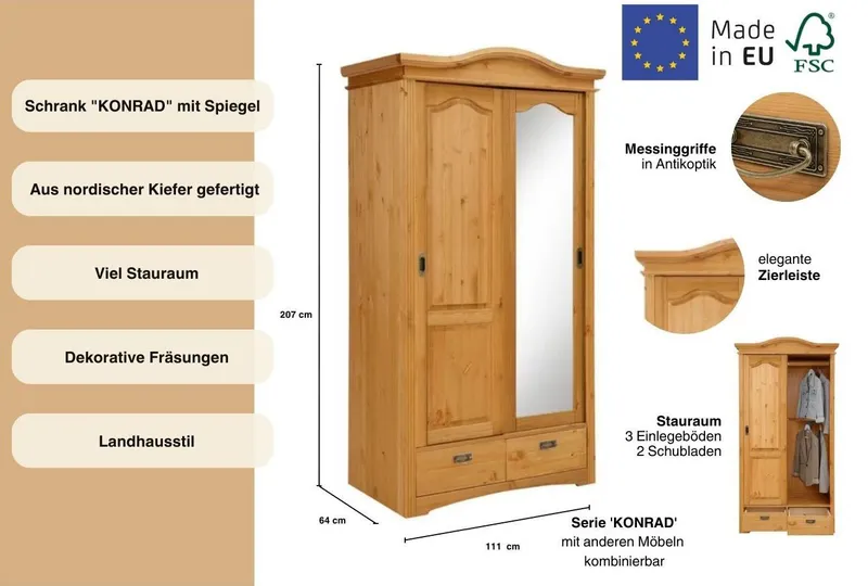 OTTO home Schiebetürenschrank Konrad (B/H/T ca. 111/207/64 cm) Breite 111 cm, aus massiver, FSC®-zertifizierter Kiefer, Beige, – Produktbild 1 von 5