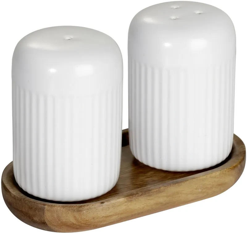 SCHÖNER WOHNEN-Kollektion Salz- / Pfefferstreuer REFIA, (1-tlg), Gewürzstreuer aus Keramik, Tablett aus Akazienholz, Weiß, – Produktbild 1 von 4