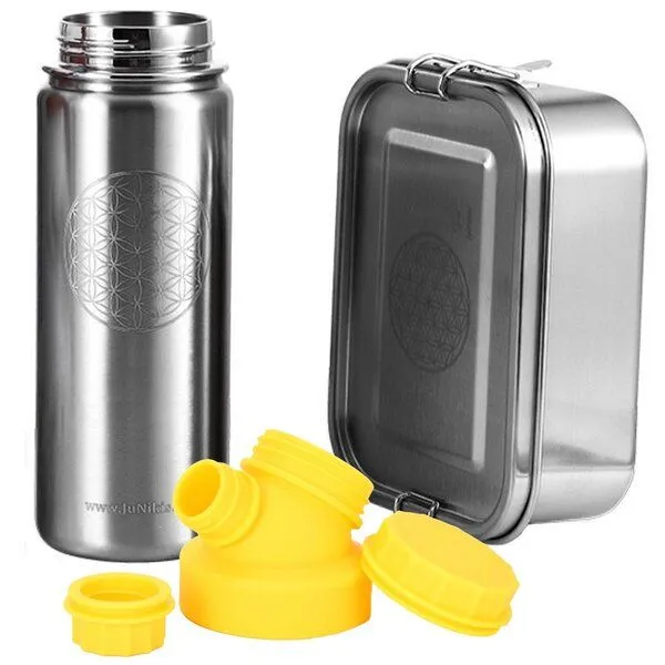 JN JuNiki's JN JuNiki's Set "Blume des Lebens": Lunchbox + 550ml isolierte Edelstahltrinkflasche, Gelb, – Produktbild 1 von 4
