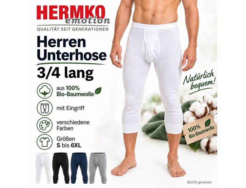 HERMKO Lange Unterhose 3440 mit Eingriff, Bio-Baumwolle, ¾ lang, wadenlang, Weichbund, Weiß, – Produktbild 3 von 3