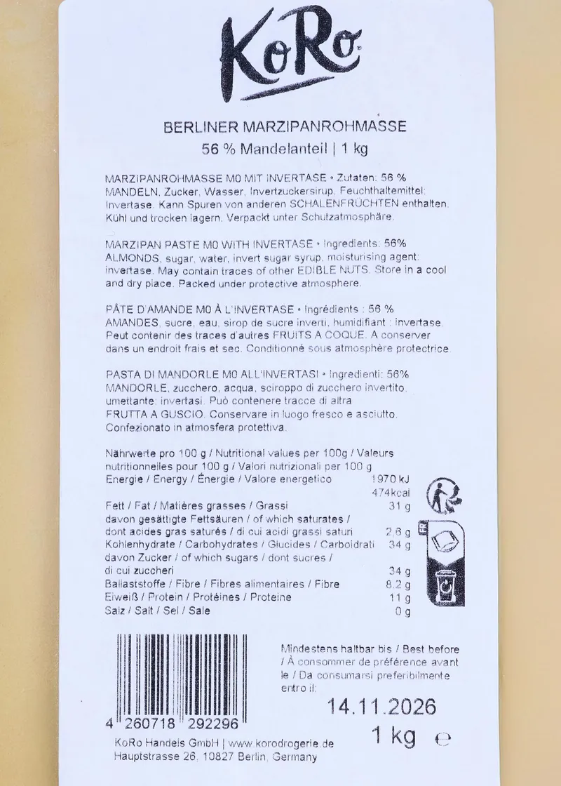 KoRo Berliner Marzipanrohmasse mit 56 % Mandeln 1 kg – Produktbild 5 von 5