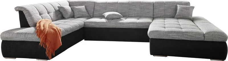 DOMO collection Wohnlandschaft PB MORIC wahlweise mit Bettfunktion und Armteilverstellung U-Form, XXL-Format B/T/H: 353/216/80 cm, feine Steppung, incl. Zierkissen, Grau|schwarz, – Produktbild 3 von 4