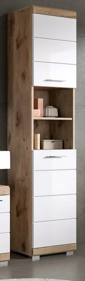 Inn.Furn Hochschrank Willow (Badschrank in weiß Hochglanz und Eiche Dekor, 2-türig, 37 x 191 cm) mit 6 Fächern, Weiß, – Produktbild 4 von 5