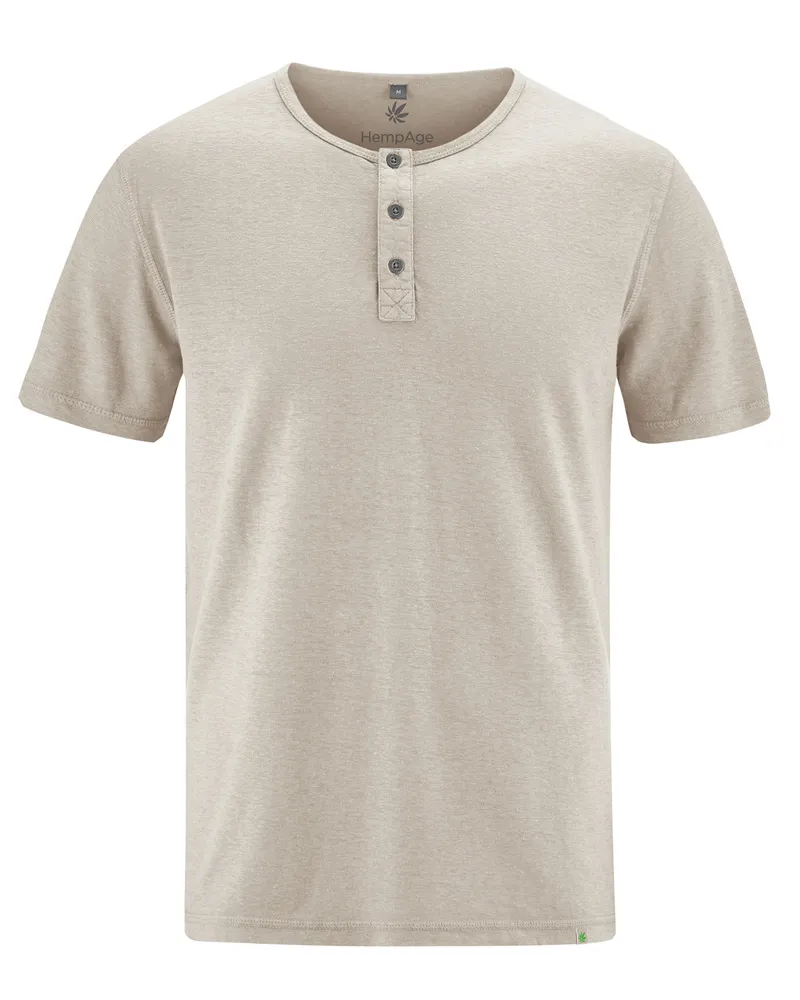 HempAge Hempage Herren vegan T-Shirt Einfarbig Henley Schnitt Distel Beige, Beige, – Produktbild 1 von 2