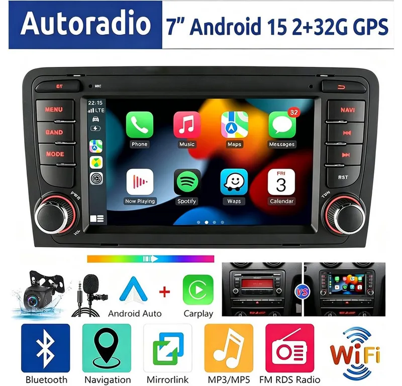 ESSGOO 7" Android 15 Für Audi A3 8P 2003-2012 S3 2006-2012 RS3 GPS Navi Autoradio (RDS, 2+64GB(optional), FM, DAB+ (optional), Wireless Carplay Android Auto Bluetooth EQ USB WIFI Touchscreen SWC), Schwarz, – Produktbild 2 von 5