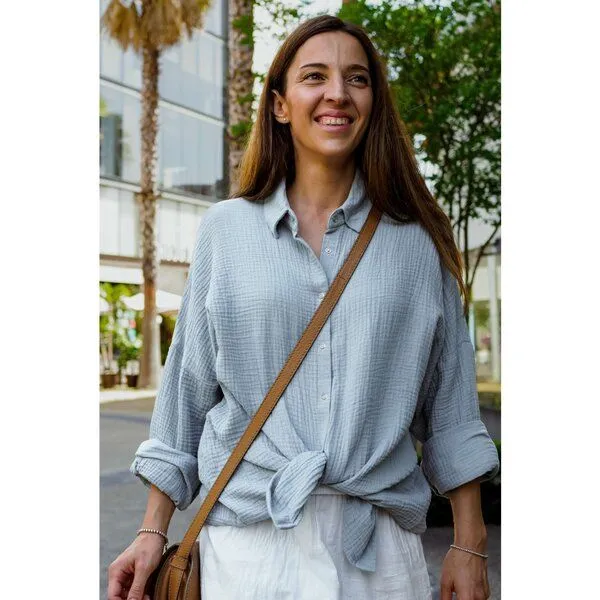 Hutch&Putch Hutch&Putch Musselin Oversize Bluse - Klassische Bluse - Langarmbluse aus 100% Bio-Baumwolle, Aquamarine, – Produktbild 1 von 4