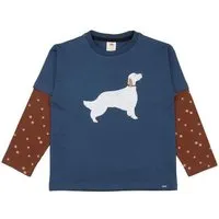 Walkiddy Kinder Langarmshirt GOTS zertifiziert Bio-Baumwolle, Blau, Hunde-Motiv, gemusterte Ärmel, Walkiddy, Blau, – Produktbild 1 von 1