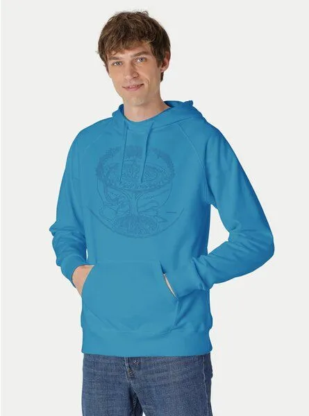 Peaces.bio - handbedruckte Biomode Peaces.bio - handbedruckte Biomode Bio-Herren-Kapuzensweater "Weltenesche", Türkis, – Produktbild 1 von 2