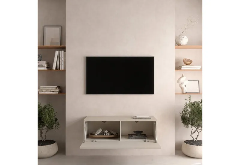 Planetmöbel TV-Schrank West TV-Board, Fernsehtisch 100 cm lang, TV-Lowboard (für Fernseher bis 55 Zoll, TV Schrank viel Stauraum, 1-St., sideboard hängend, Fernsehschrank 100 x 30 x 37,5 cm) kaschmir, Beige, – Produktbild 4 von 5