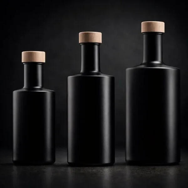mikken mikken Schwarze Glasflasche 200 | 350 | 500 ml – leere Spirituosenflasche mit Holz-Schraubverschluss – Produktbild 2 von 3