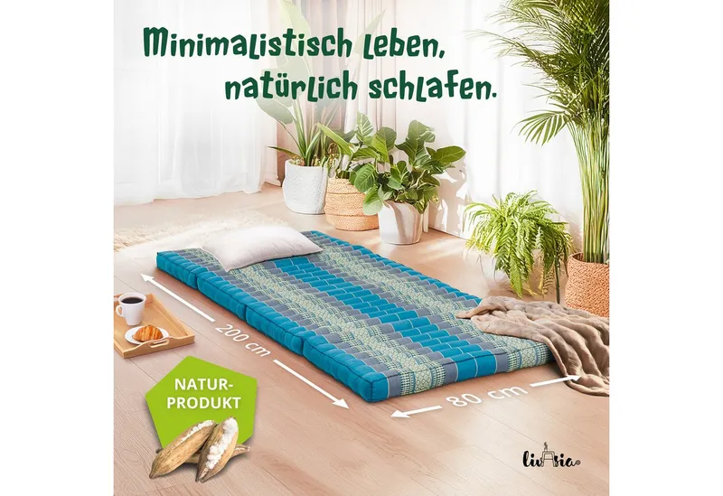 Klappmatratze Faltmatratze 80 cm (Classic) - 200x80x8cm, livasia, 8 cm hoch, Kapok, vegan, handgefertigt, Blau, – Produktbild 2 von 5