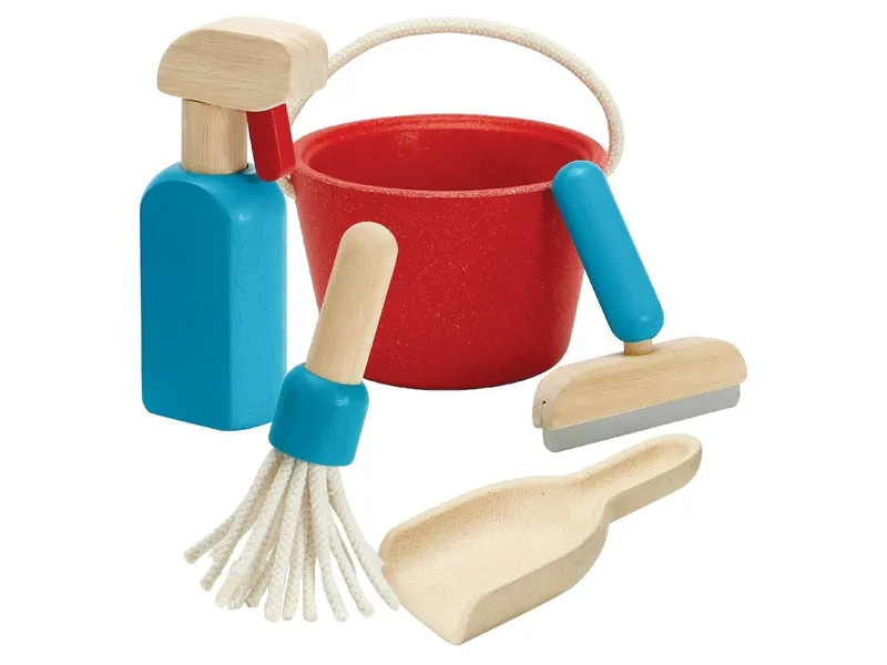 PlanToys PlanToys Kinder Hausputz Set aus Kautschukholz Maße 12,5 x 23 cm, Natur, rot, blau, – Produktbild 2 von 5