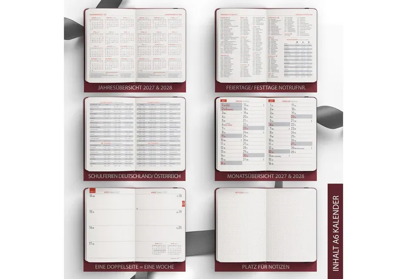 TOBJA Taschenkalender Taschenkalender 2027 A6 Bordeaux Goldprägung 1 Woche 2 Seiten FSC, Goldfolienprägung, 2 Lesebändchen, Gummiband, FSC, A6, Rot, – Produktbild 5 von 5