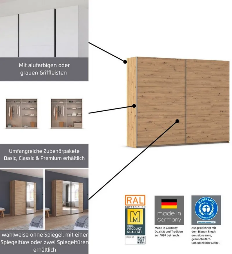 Rauch Rauch Schwebetürenschrank Kleiderschrank Drehtürenschrank Schrank Garderobe KRONACH (in 3 Ausstattungen BASIC/CLASSIC/PREMIUM, Breiten 131/175/218/261 cm) optional ohne, mit 1 oder 2 Spiegel, viel Stauraum MADE IN GERMANY, Grau, – Produktbild 6 von 8