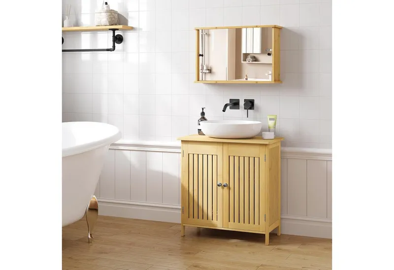 EUGAD Waschbeckenunterschrank (1-St) aus Bambus, Verstellbarer Einlegeboden, 60x60x30cm, Naturfarbe | korpus: naturfarbe | arbeitsplatte: naturfarbe, – Produktbild 2 von 5