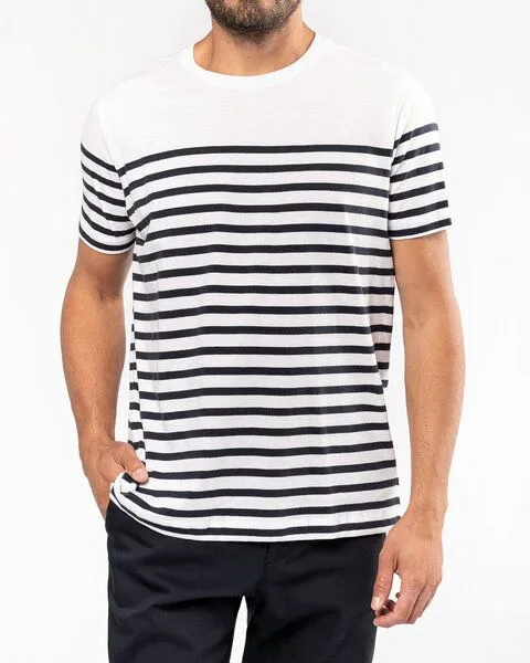 YTWOO YTWOO Nachhaltiges Herren-T-Shirt mit Rundhalsausschnitt im Marine-Stil, Weiß/navy gestreift, – Produktbild 1 von 4
