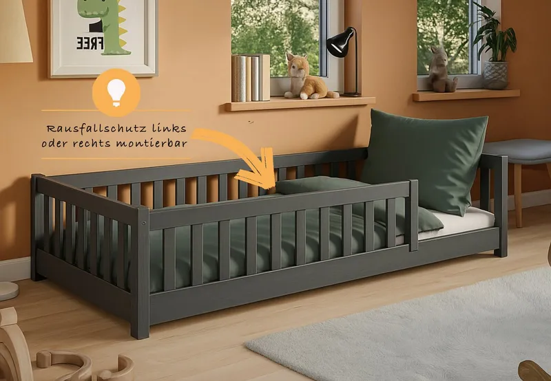 Kids Collective Kinderbett Bodenbett Bett mit Rausfallschutz & Lattenrost Montessori Bett Kinder (Jungen, Mädchen, Kinder, weitere Größen 80x160, 80x180, 90x190, 120x200, 140x200 cm), Jugendbett Gitterbett Einzelbett, Graphit Kiefer 90x200 cm, Grau, – Produktbild 4 von 5