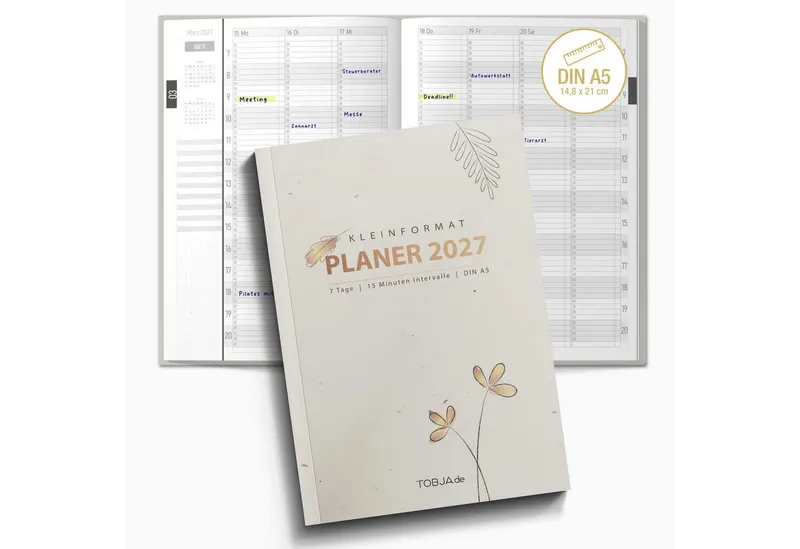 TOBJA Buchkalender Praxisplaner 2027 A5 Flora Terminplaner Salon Kosmetik 15 Min Takt FSC, 15-Min-Takt 7-21 Uhr, A5, 1 Wo 2 Seiten, FSC-Papier, Blumen-Design, Schwarz, – Produktbild 1 von 5