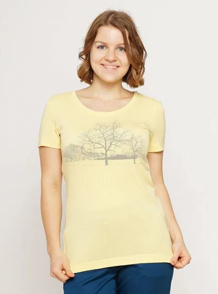 Peaces.bio - handbedruckte Biomode Peaces.bio - handbedruckte Biomode Lieber Wieder Shirt Landscape Damen, Hellgelb, – Produktbild 1 von 1